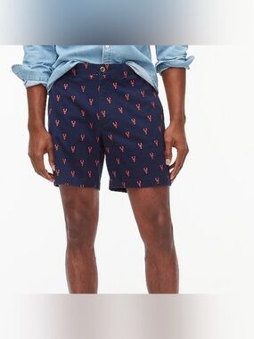 J.CREW Mens Summer Navy Blue w/ Red Lobster Print 5in Inseam Short Shorts Sz34